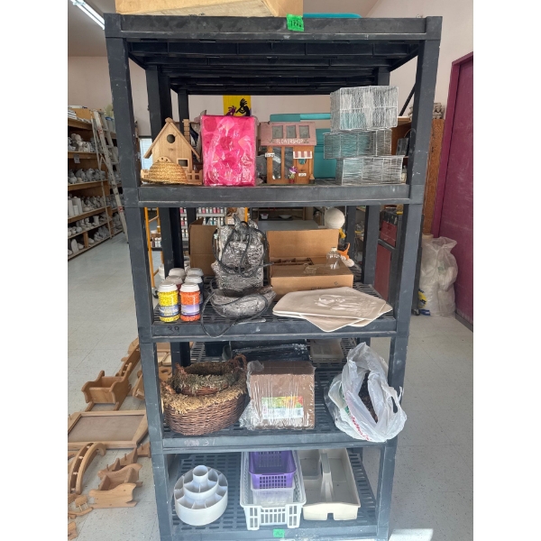  shelving unit, eclectic items, home decoration, gravel baskets, and flower shop birdhouse