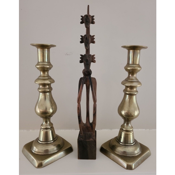 Tribal Hand Carved Wooden Art (2W, 12T) w/ Pair of Lovely Brass Candlesticks 