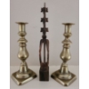 Image 1 : Tribal Hand Carved Wooden Art (2W, 12T) w/ Pair of Lovely Brass Candlesticks 
