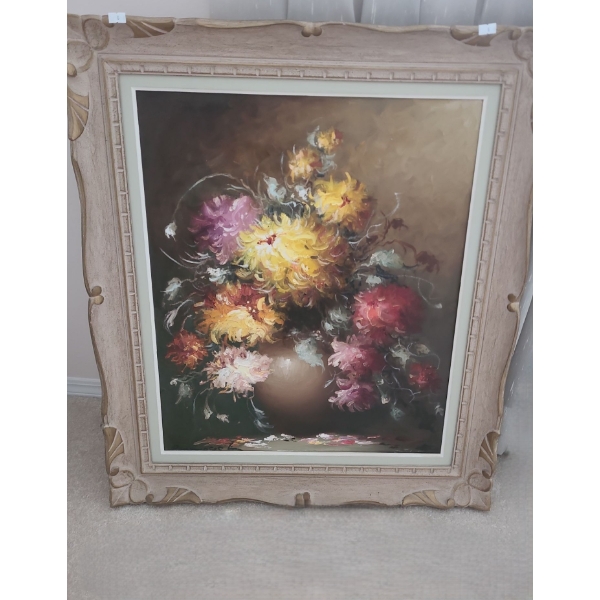 Painting of Flowers in Vase, Artist Illegible, Framed Canvas, 26.5 X 31