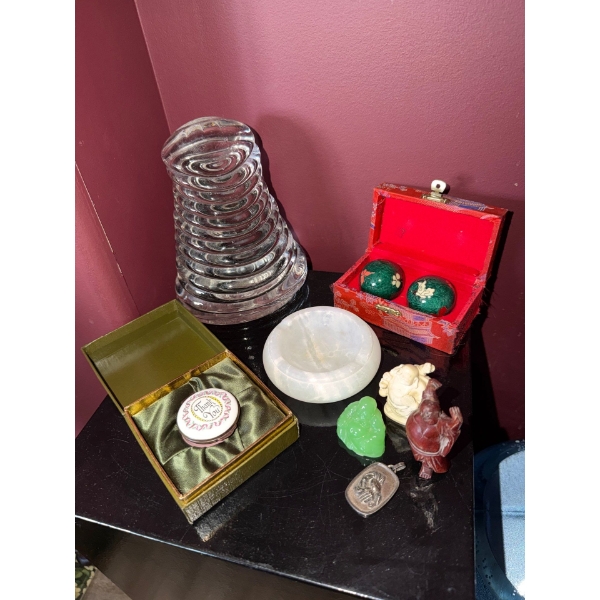 Vintage Pill Box w/ Art Glass Paper Weight Asain Harmony Balls Marble Ashtray Buddah Figurine & More