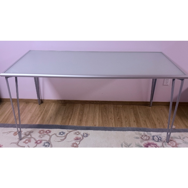 Frosted Glass and Metal Rectangular Table with Floral Area Rug