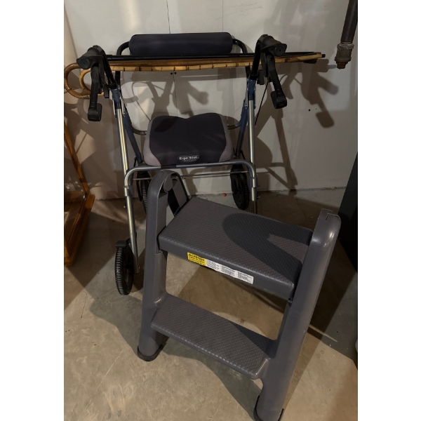 Mobility Essentials - Medical Walker w/ Step Stool & Cane Supports 