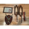 Image 2 : Handmade Tin Can Robot, Stained Glass Prismatic Wand, Pair Leather/Fur Water Canteens, Figurines