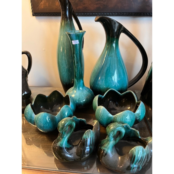 vintage mid-century modern Blue Mountain Pottery two tall water jugs, one vase, two candy dishes, an