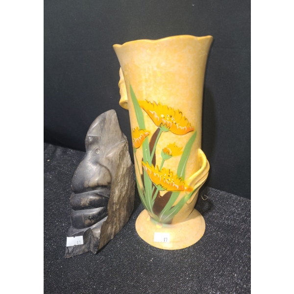 Soapstone Carved Face 2.5 W, 5 D, 7 T and Yellow Vase w/ Painted Flowers 4" Base, 10 T 