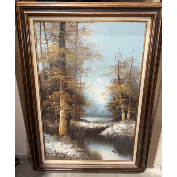 Mid Century Impressionist Landscape Tranquil Winter Landscape Signed Preston  31x44"tall