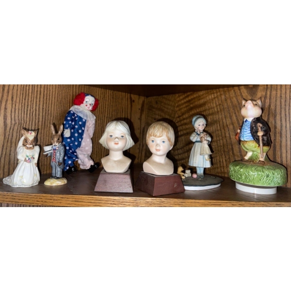 Collection Of Decorative Figurines & Music Box' 5T - 2 Character Busts A Clown & More