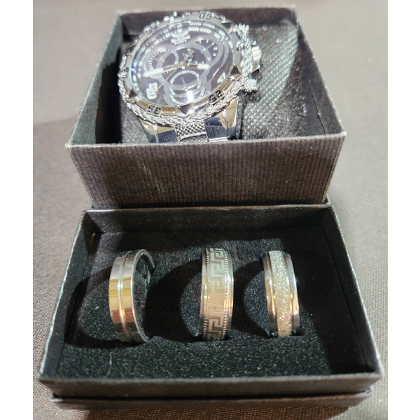 Mens Zhowe Chronograph Watch with Stainless Steel Band and Three Rings