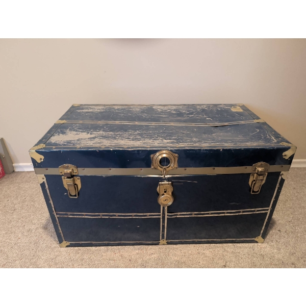 Blue Metal Trunk with Brass Hardware and Interior Compartment