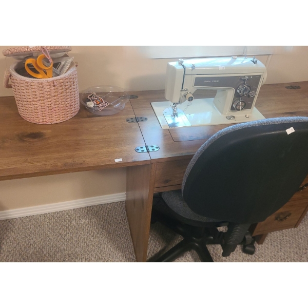 Sears Kenmore Sewing Machine 15814301, Table 63 W Open, 32 Closed, 18 D, 29 T, Basket and Contents