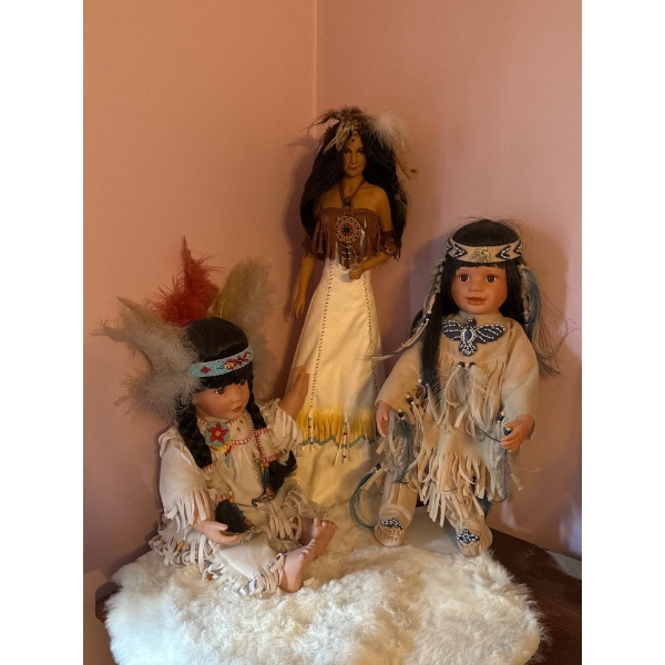 Porcelain Indigenous Dolls, 3 Pcs, Lovely Beaded Details, 22T 