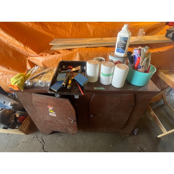 Wooden Cabinet with Painting Supplies