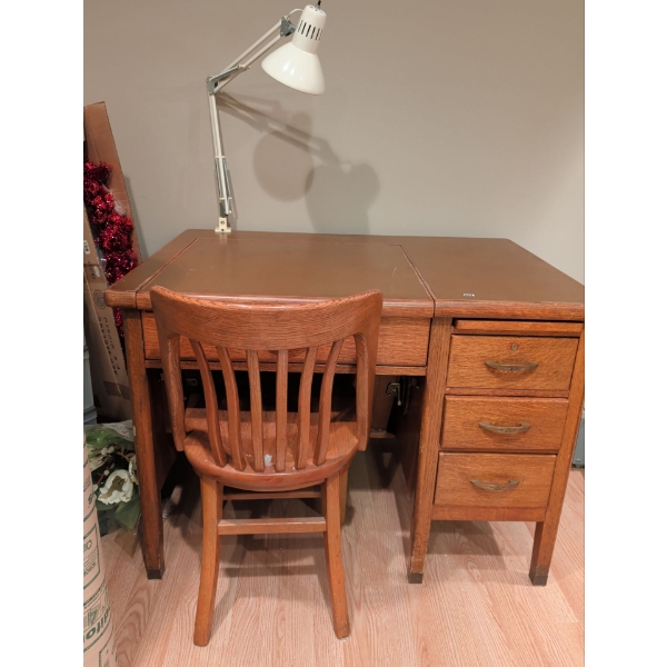 Vintage Solid Oak Writer's Desk w/ Oak Office Chair  