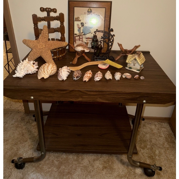 Vintage Coffee Cart w/ Norman Rockwell Art Bean Spoon Assorted Sea Shell Collection & More