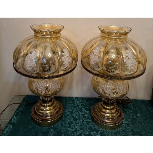  Hollywood Regency Style Amber Glass Hurricane Table Lamps w/Brass Base(20"tall)