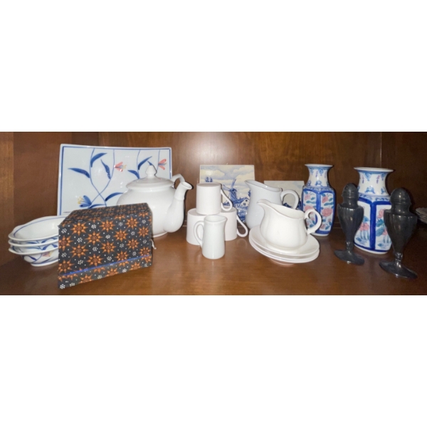 Assorted Asian Themed Vases & All White Teapot Set w/mugs