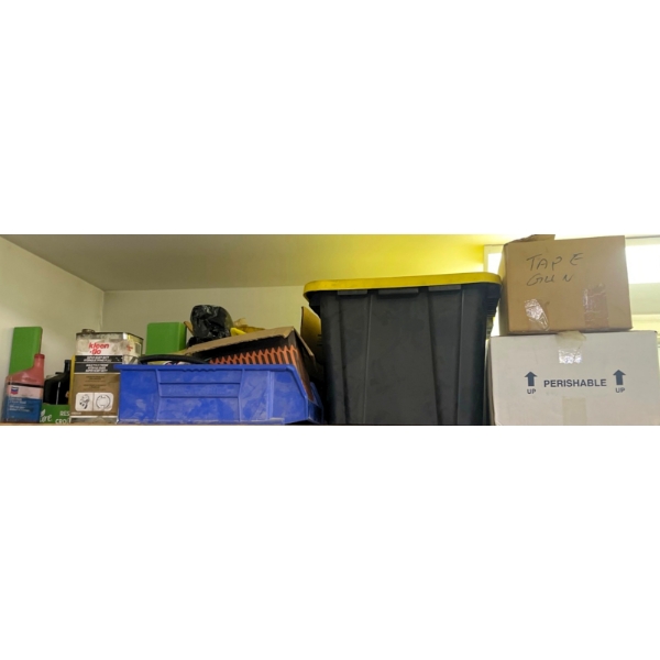 Storage Lot With White Boxes, Glass Jars, Chemicals, Tape Dispensers