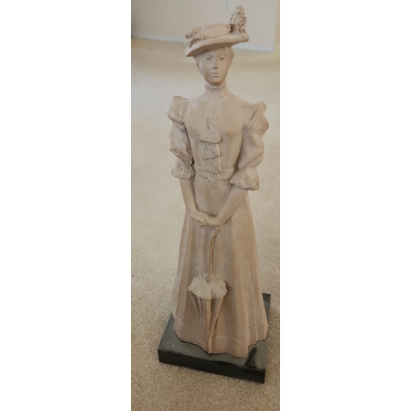Austin Production Plaster Resin Statue of Woman Holding Parasol 6 W, 5 D, 19 T (Including Base)
