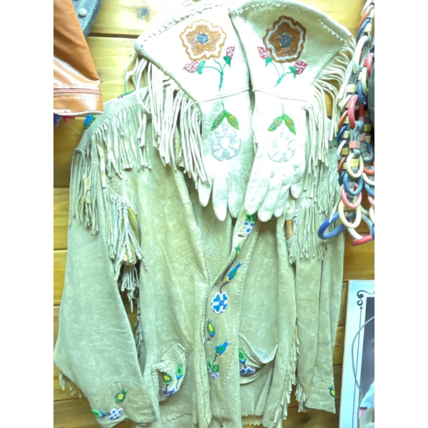 Vintage Leather Cowboy Jacket 3/4 Length Hand Beaded With hand Made Leather Gloves With hand Beaded 