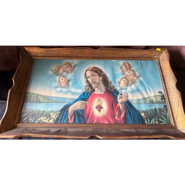 Vintage Framed Jesus Sacred Heart & Cherubs 32x18