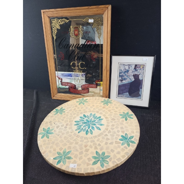 Canadian Club Whiskey Mirror 13 X 18, Black Cat Print 8X 10, Mosaic Lazy Susan 16" Diameter 