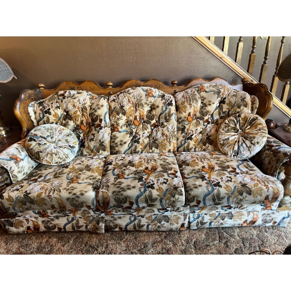 1980's Bird Design Wood and fabric Couch loveSeat & Chair In Amazing Condition Very Comfortable For 