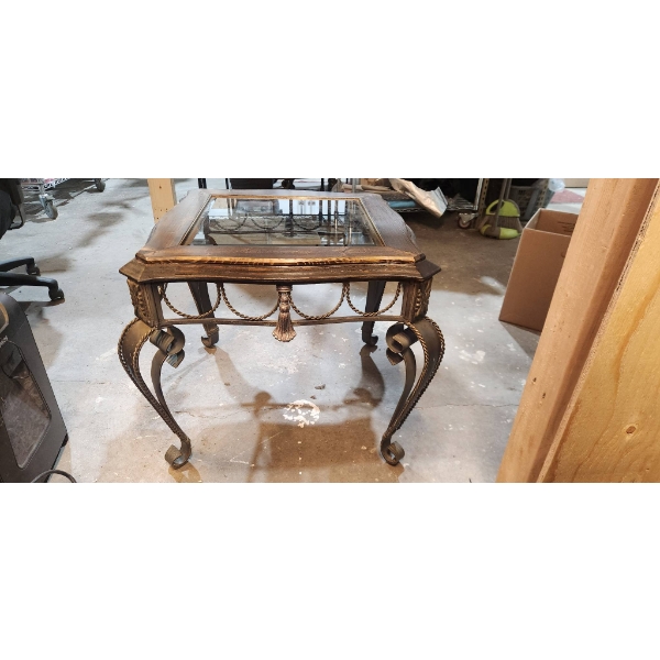 Wood, Glass, and Metal Table with Ornate Design, Made in India
