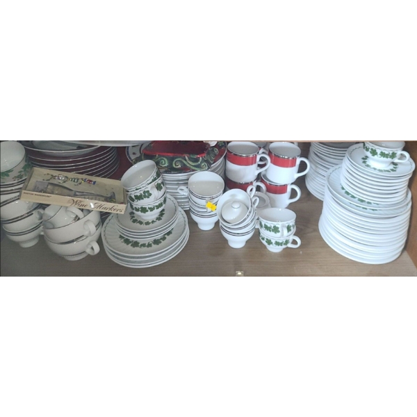 Assorted Dinnerware Incl: Henneborg Leaf Trim, Linens and Things Red Border, Eschenbach Silver Rim