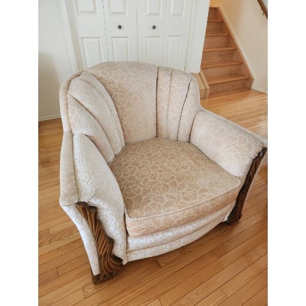 Vintage Upholstered Armchair With Rose-Embossed Pattern and Wooden Detailing