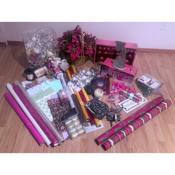 Holiday Gift Wrapping and Decoration Lot with Wrap, Bows, Ribbons, and Ornaments