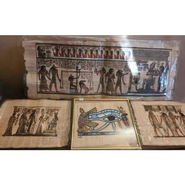 Egyptian Papyrus: Longest-  32 X 12.5, Two 13.5 X 9.5, Framed Under Glass 12 X 10.5