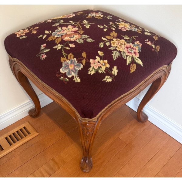Antique French Louis XV Foot Stool w/ Embroidered Floral Upholstery#2 16x17