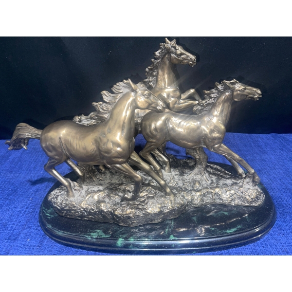 Brass Three Running Horses Statue 12" tall