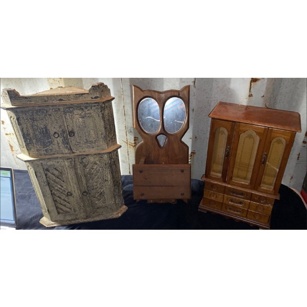 Miniature Cabinet, Owl Mirror, and Antique Jewelry Box with Doors and Drawers
