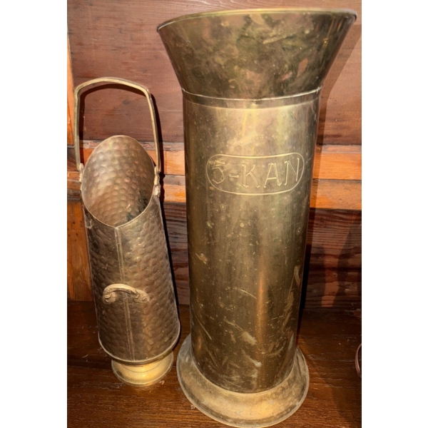 Vintage Brass Coal Scuttle & 5 Kan Brass Umbrella Stand Or Coal Hod- Entryway Decor