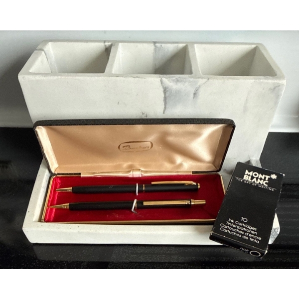 Banker's Luxury Ball Point Pen & Lead Pencil w/ Monte Blanc Ink Cartridge & Desk Organizer