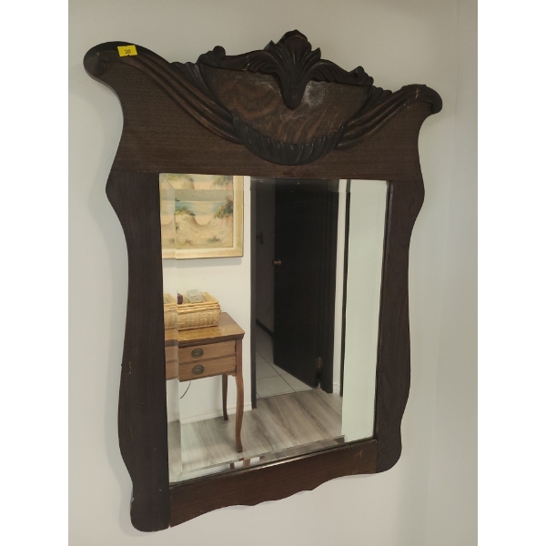Beveled edge wooden mirror with floral carving - 21W, 30T, 2D