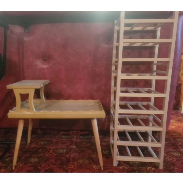Wooden Wine Bottle Holder (12W, 13D, 41T) & 2 Tiered Vintage Table (25W, 15D, 23T)