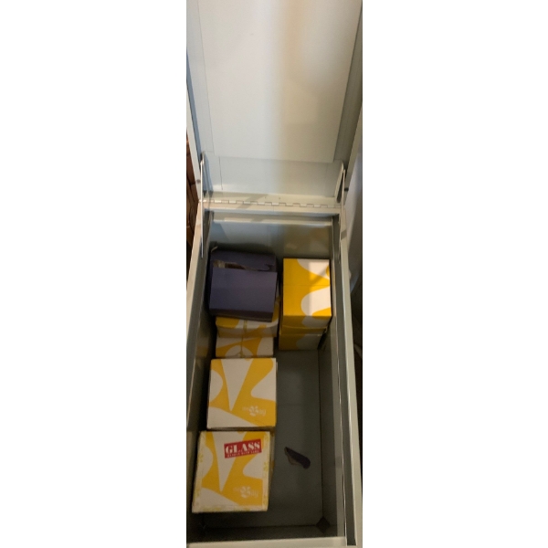 Metal Storage Tank on Casters 10x27 w/ Contents & Assorted Glassware