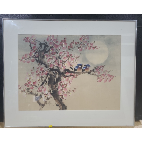 Asian Birds in Tree Painting 32 X 26, Framed Under Glass, Signed by Pauly Wong
