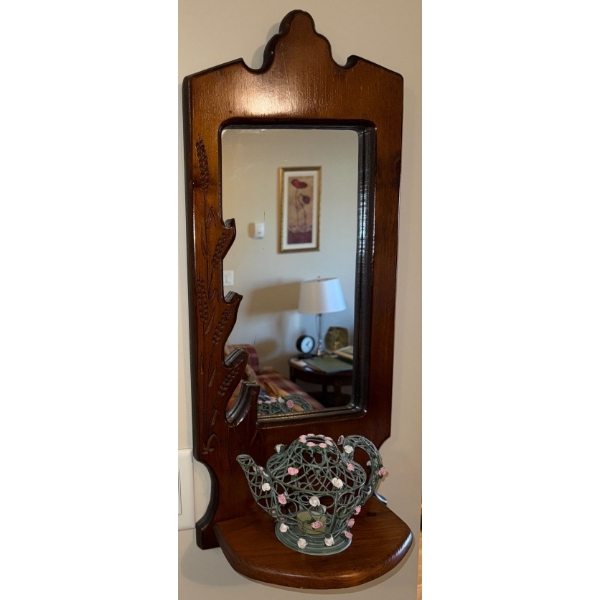 Vintage Hanging Oak Mirrored Shelf w/ Themed Decor 12x27