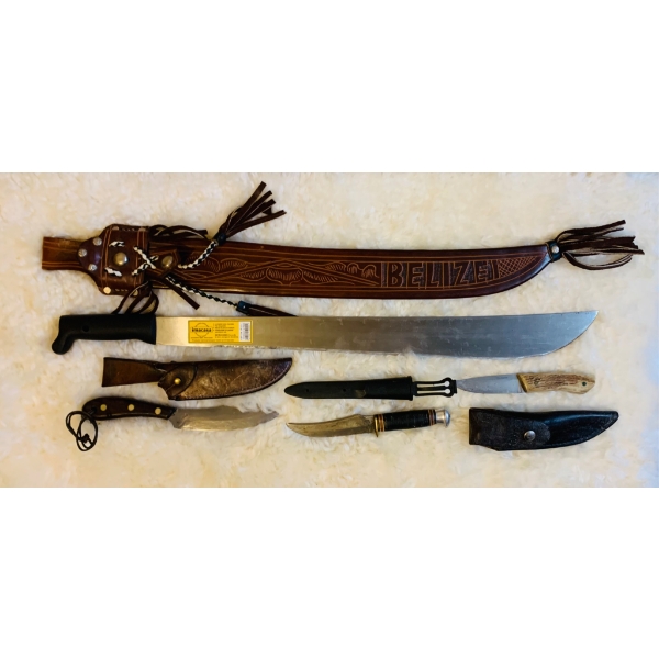 Vintage Knives, Machetes, and Sheaths Including Leatherwork