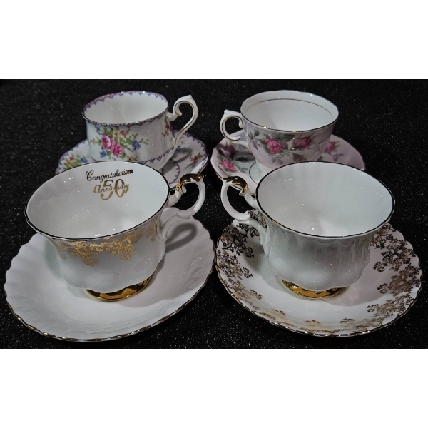 Four Fine Bone China Cups and Saucers by Royal Albert and Colclough