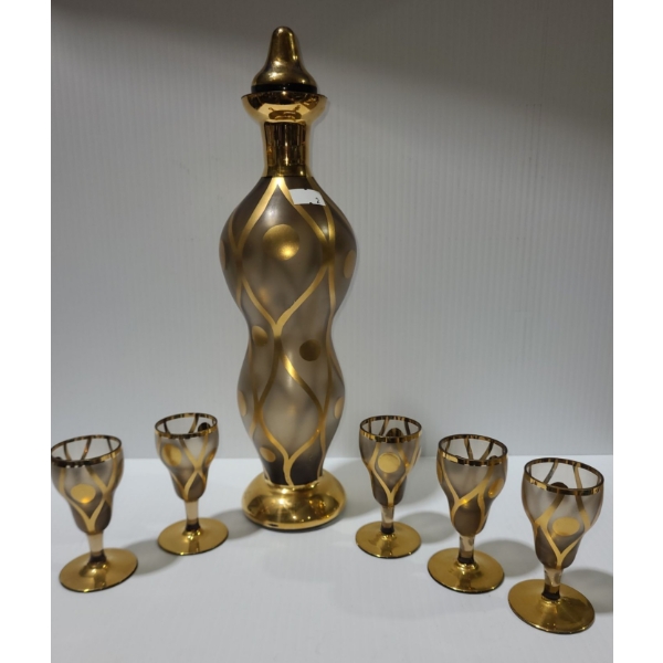 Vintage Frosted Glass Decanter w/ Gold Design 12.5 T, and Five Matching Shot Glasses