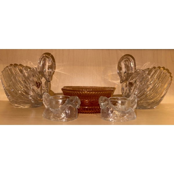 Cambridge Glass Swan Shaped Dishes & Amber Carnival Glass Serving Plates