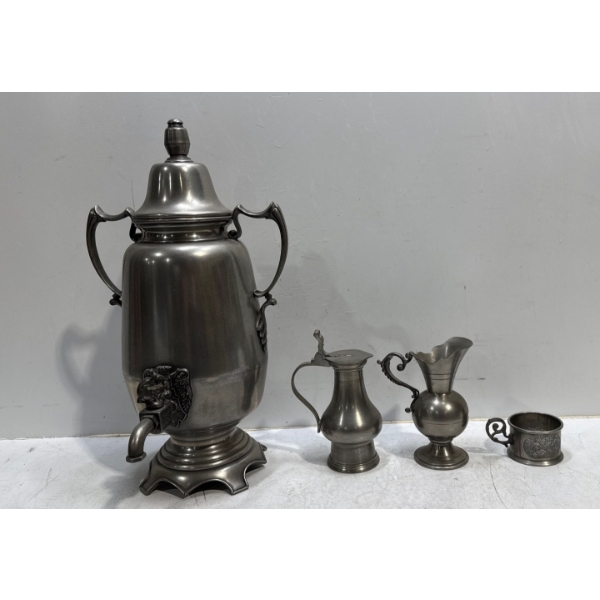 Coffee Pot, Pitchers, and Candle Holder