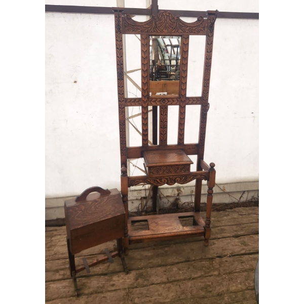Beautiful Antique Hall Tree and Unique Wooden Storage Box on Stand - Measure's In Description