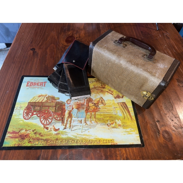 Vintage Two-Drawer Carrying Case with 4 Large Format Film Holders and Ebbert Advertising Placard