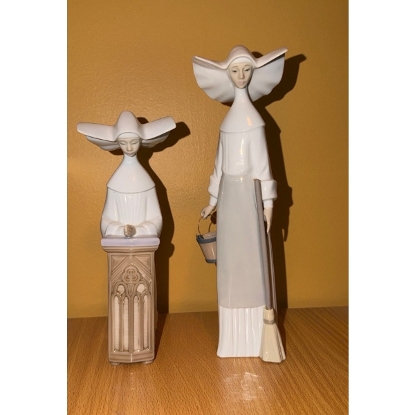 Lladro Nuns: At Podium 8.5 T and Holding Mop and Bucket 10.5 T 